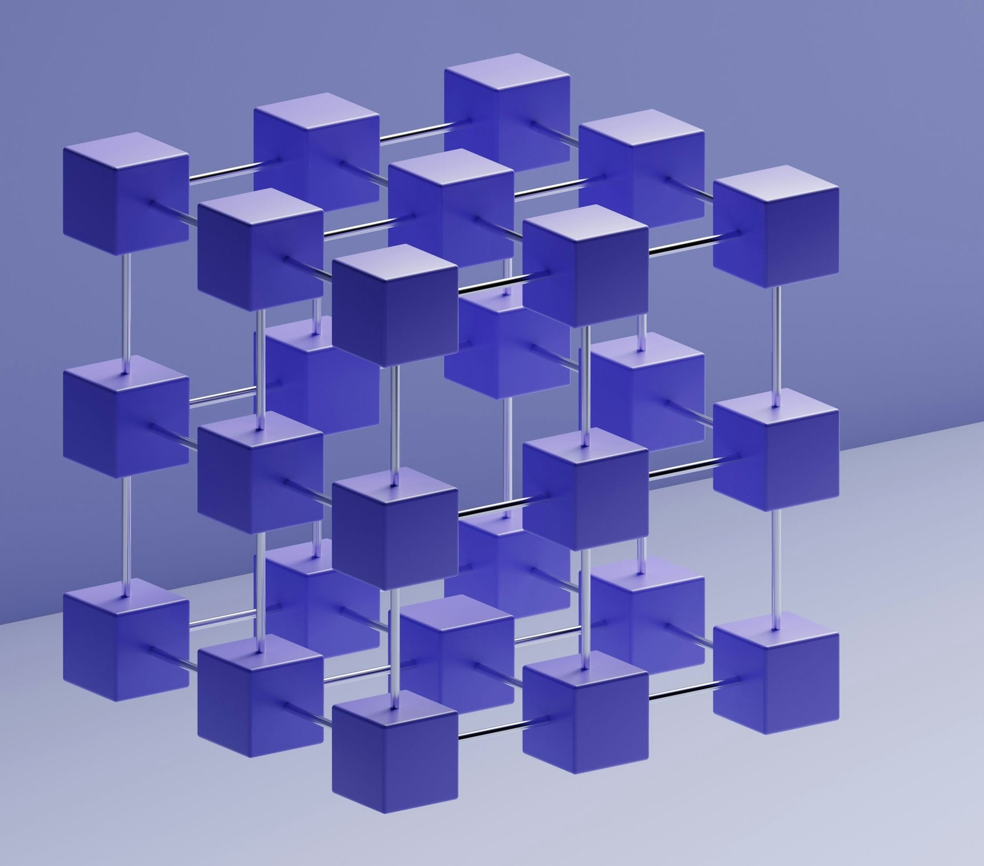 a group of purple cubes hanging from a metal bar